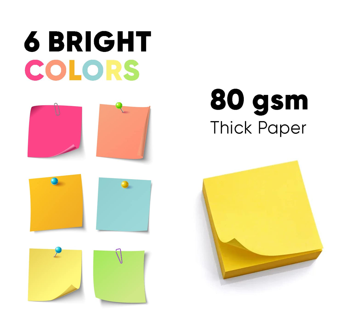 (24 Pads) Sticky Notes 3x3 in 100 Sheets/Pad, Self-Sticky Note Pads, 6 Bright Colors Super Sticky Pads - Easy to Post for School, Office Supplies, Desk Accessories