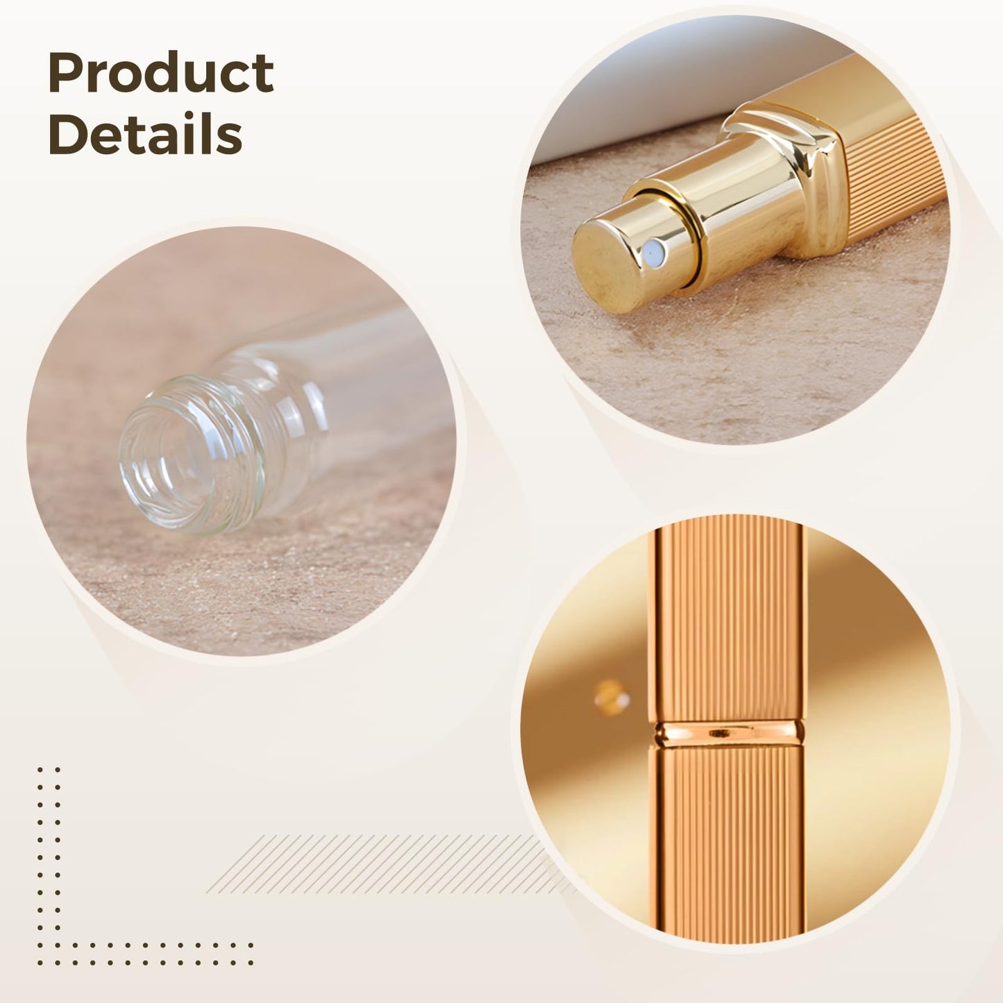 0.4 oz Refillable Travel Perfume Atomizer, 12 ml Mini Perfume Bottle, Gold Aluminum Shell with Vertical Stripes, Leak-Proof Design, Ideal for Handbags and Travel, 0.77×4.6"