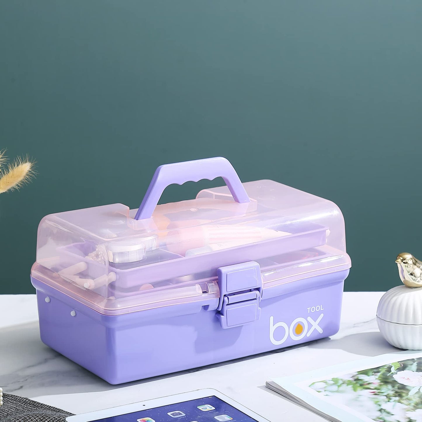 12'' Three-Layer Clear Plastic Storage Box/Tool Box, Multipurpose Organizer and Portable Handled Storage Case for Art Craft and Cosmetic (White)