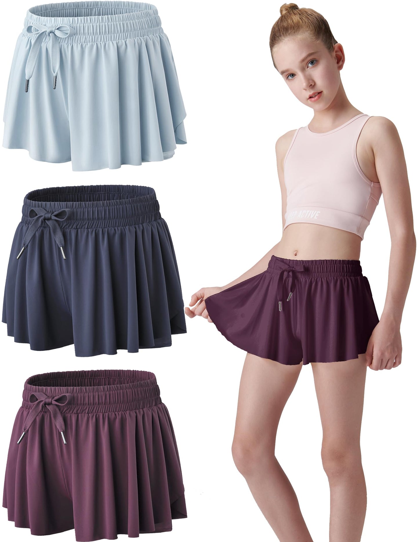 3 Pack Girls Flowy Shorts with Spandex Liner 2-in-1 Youth Butterfly Skirts for Fitness, Running, Sports