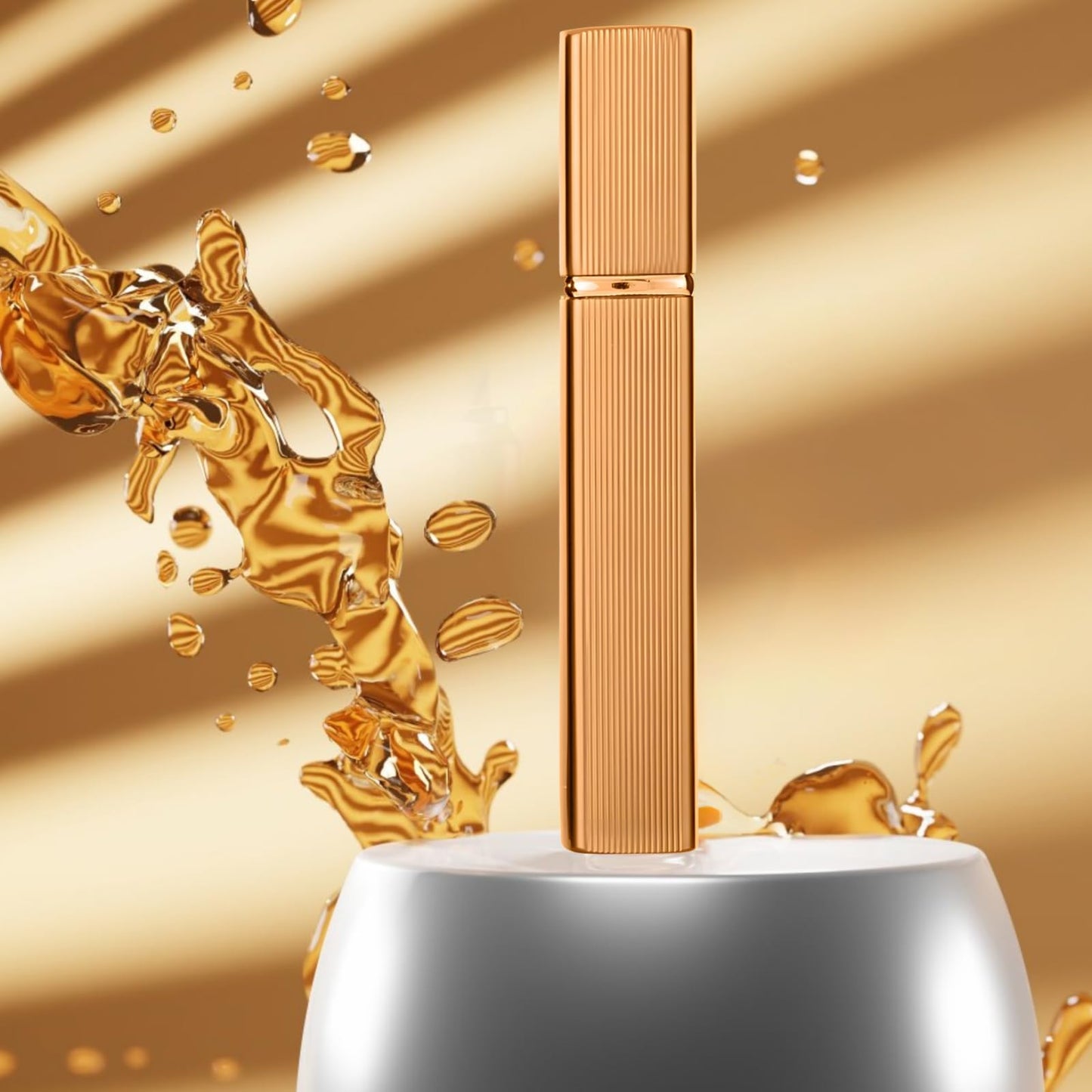0.4 oz Refillable Travel Perfume Atomizer, 12 ml Mini Perfume Bottle, Gold Aluminum Shell with Vertical Stripes, Leak-Proof Design, Ideal for Handbags and Travel, 0.77×4.6"