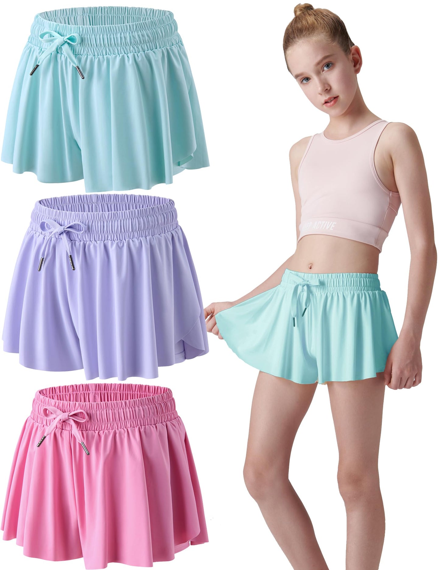 3 Pack Girls Flowy Shorts with Spandex Liner 2-in-1 Youth Butterfly Skirts for Fitness, Running, Sports