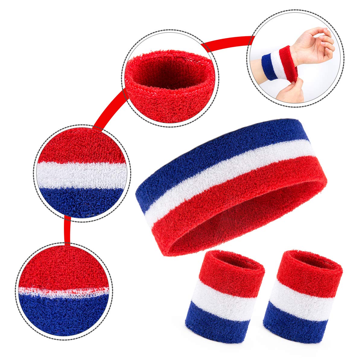 2 Sets Striped Sweatbands Set, 2 Pieces Sports Headband and 4 Pieces Wristbands, Colorful Striped American Flag Style for Men and Women