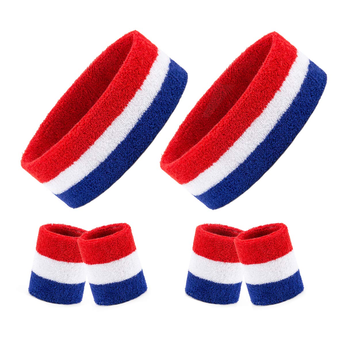 2 Sets Striped Sweatbands Set, 2 Pieces Sports Headband and 4 Pieces Wristbands, Colorful Striped American Flag Style for Men and Women