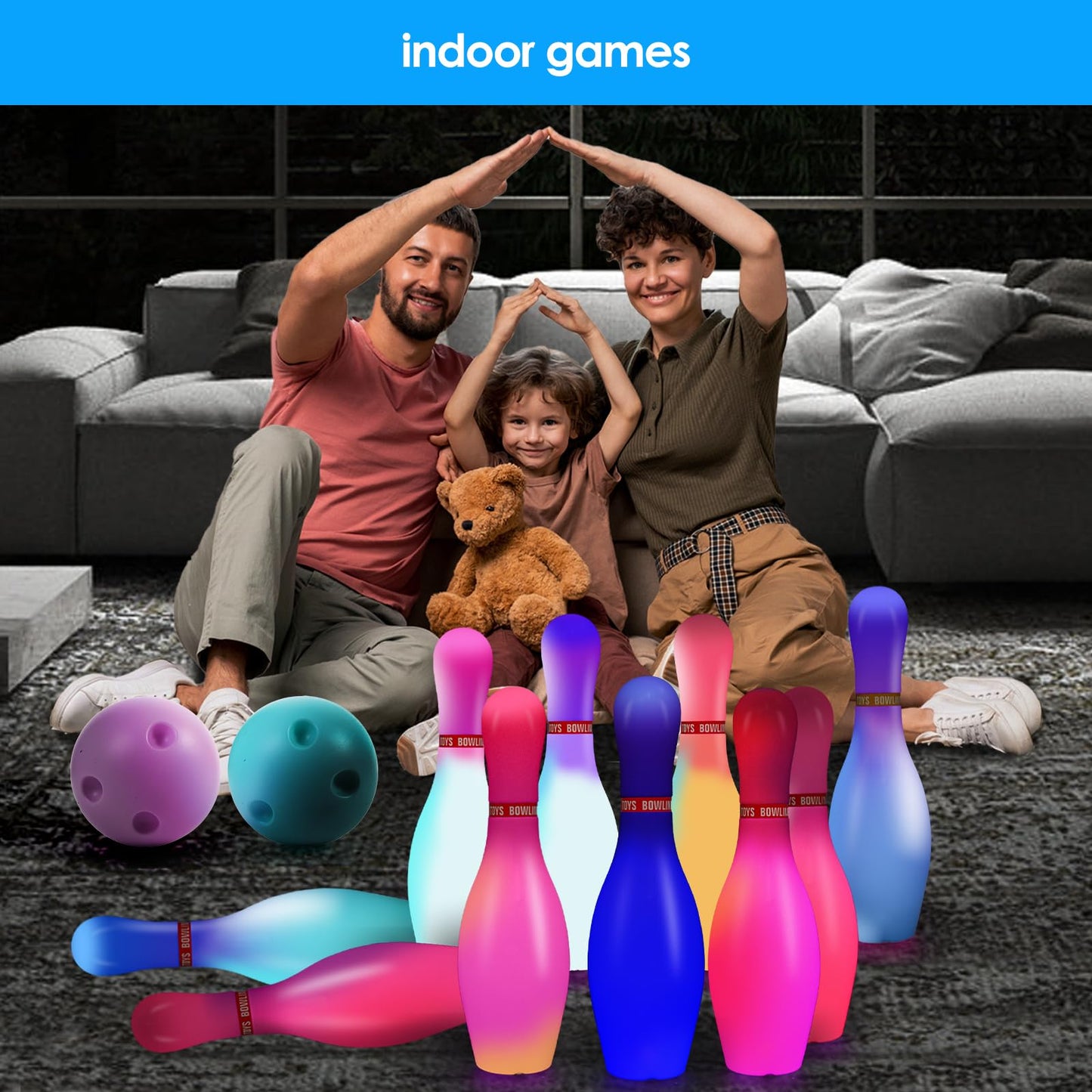 Zloveleexr Light Up Bowling Set, Glow in The Dark Bowling Balls & Pins for Outdoor and Indoor Kids Games Fit Christmas Birthday Party Lawn Yard Carnival Games, Kids Education Motor Skills Toys