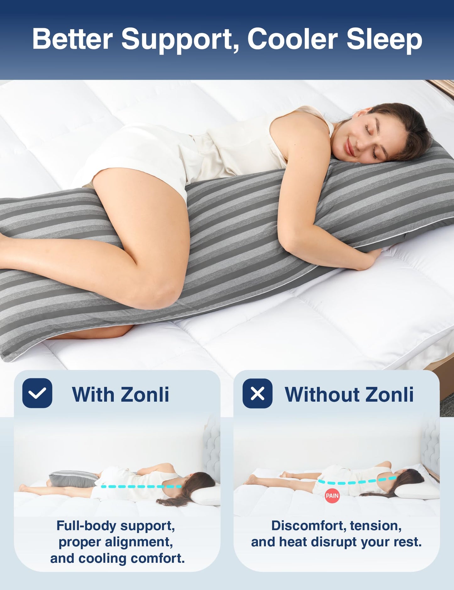 ZonLi Cooling Body Pillow for Adults, Long Pillow for Bed, Firm Body Pillow for Side Sleeper, Memory Foam Full Length Body Pillows Large -20x54 inch, Stripe