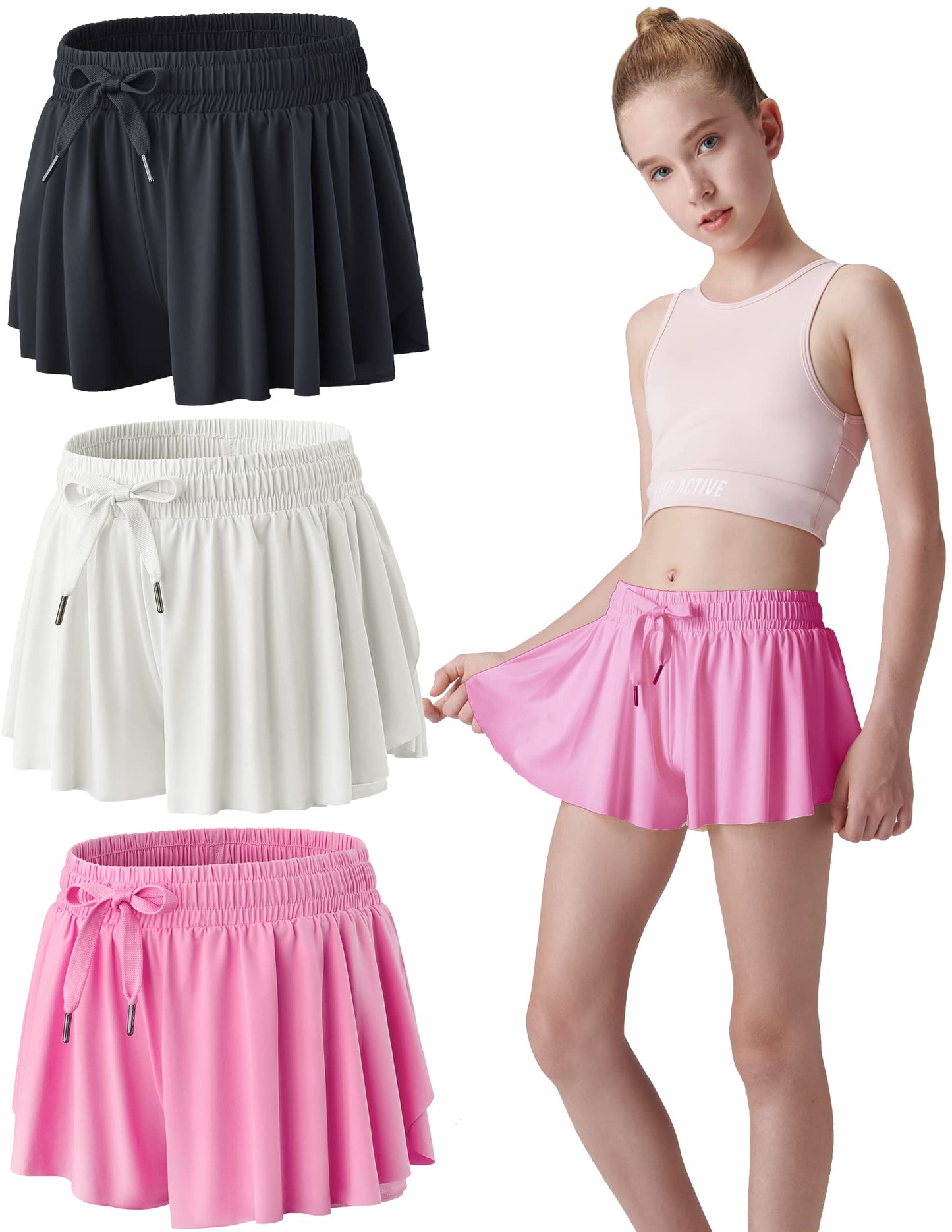 3 Pack Girls Flowy Shorts with Spandex Liner 2-in-1 Youth Butterfly Skirts for Fitness, Running, Sports