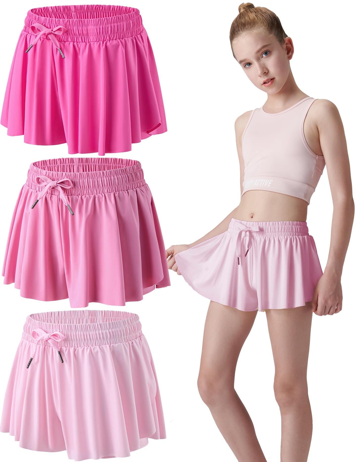 3 Pack Girls Flowy Shorts with Spandex Liner 2-in-1 Youth Butterfly Skirts for Fitness, Running, Sports
