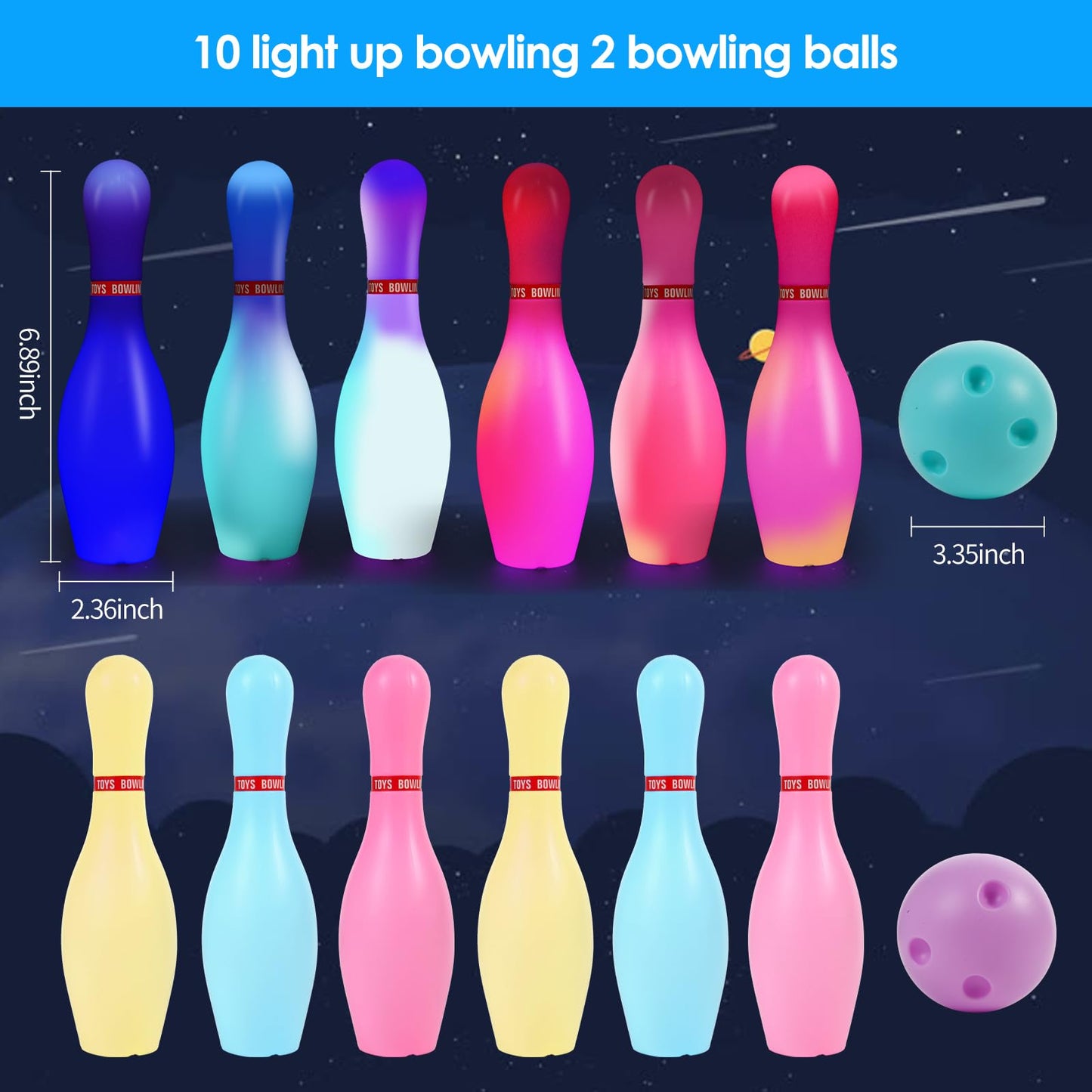 Zloveleexr Light Up Bowling Set, Glow in The Dark Bowling Balls & Pins for Outdoor and Indoor Kids Games Fit Christmas Birthday Party Lawn Yard Carnival Games, Kids Education Motor Skills Toys