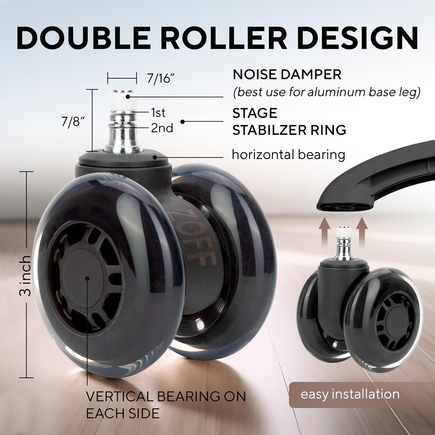 ZOFF Double Rollerblade Office Chair Wheels - 3 inch - Replacement Rubber Chair Casters - Smooth & Quiet Rolling - Easy Installation - Safe for Hardwood Floors & Carpet - Universal Fit - Set of 5
