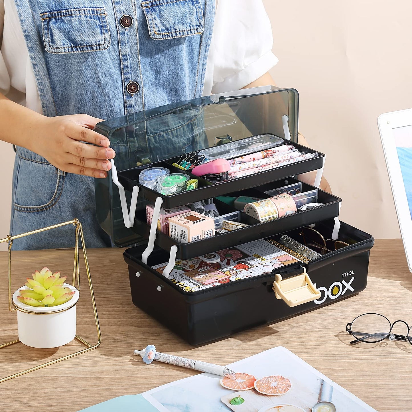 12'' Three-Layer Clear Plastic Storage Box/Tool Box, Multipurpose Organizer and Portable Handled Storage Case for Art Craft and Cosmetic (White)