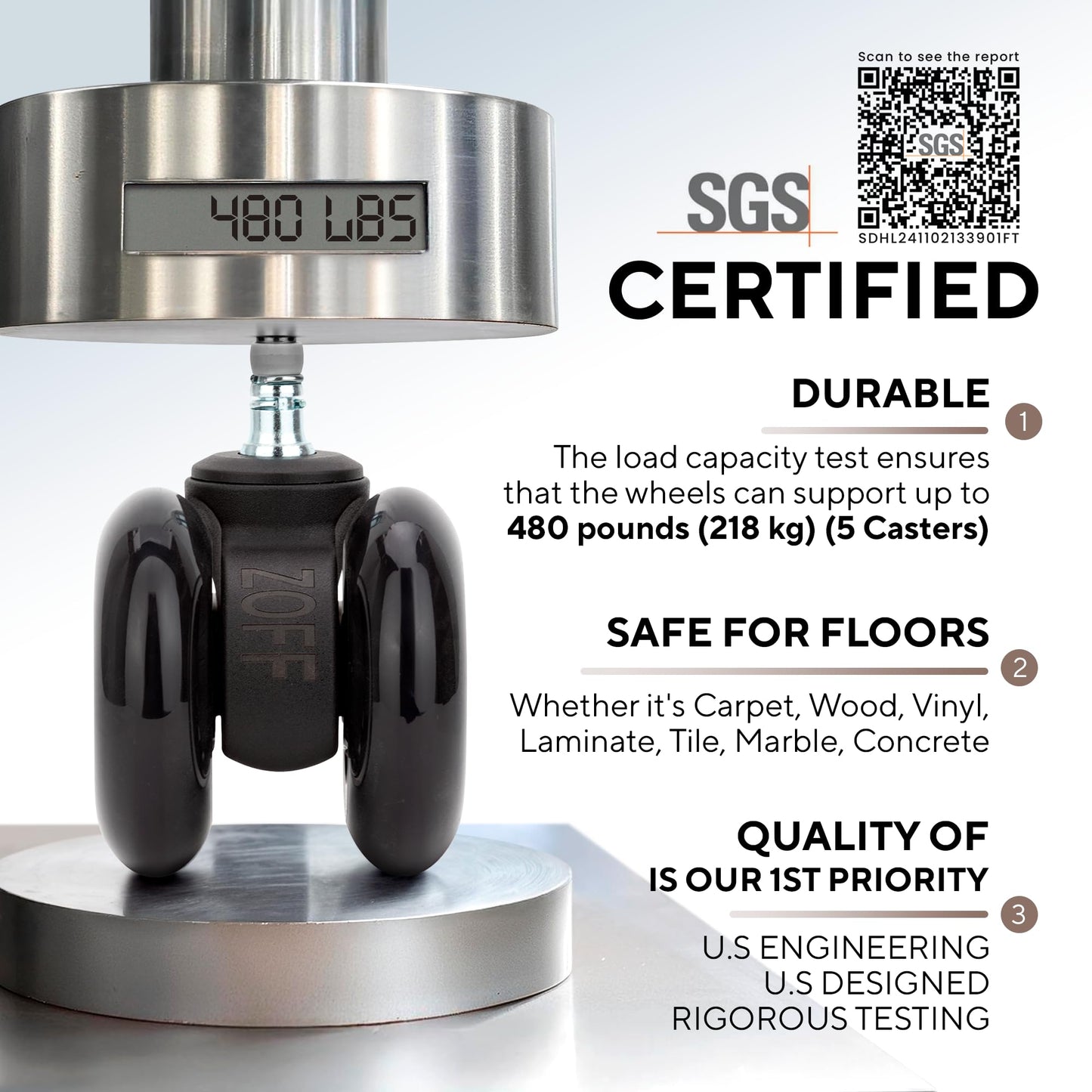 ZOFF Double Rollerblade Office Chair Wheels - 3 inch - Replacement Rubber Chair Casters - Smooth & Quiet Rolling - Easy Installation - Safe for Hardwood Floors & Carpet - Universal Fit - Set of 5