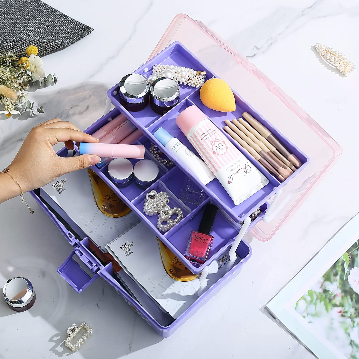 12'' Three-Layer Clear Plastic Storage Box/Tool Box, Multipurpose Organizer and Portable Handled Storage Case for Art Craft and Cosmetic (White)