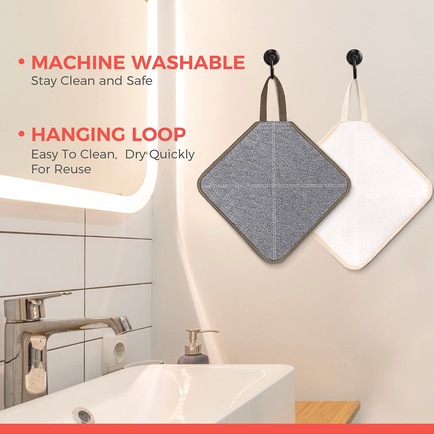 ZOMCHI Exfoliating Washcloth for Face and Body, Dual Function Wash Cloth with Soft and Rough Sides, Exfoliating Scrub Bath Towels, Washcloth with Loop (White, 3 Pack)