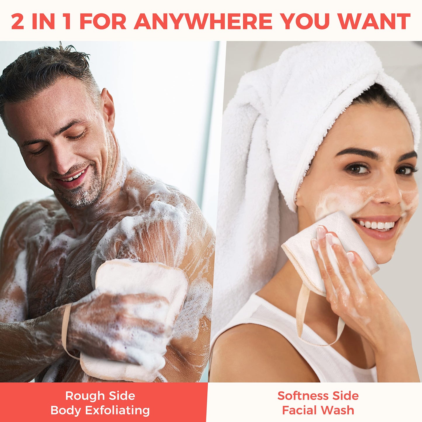 ZOMCHI Exfoliating Washcloth for Face and Body, Dual Function Wash Cloth with Soft and Rough Sides, Exfoliating Scrub Bath Towels, Washcloth with Loop (White, 3 Pack)