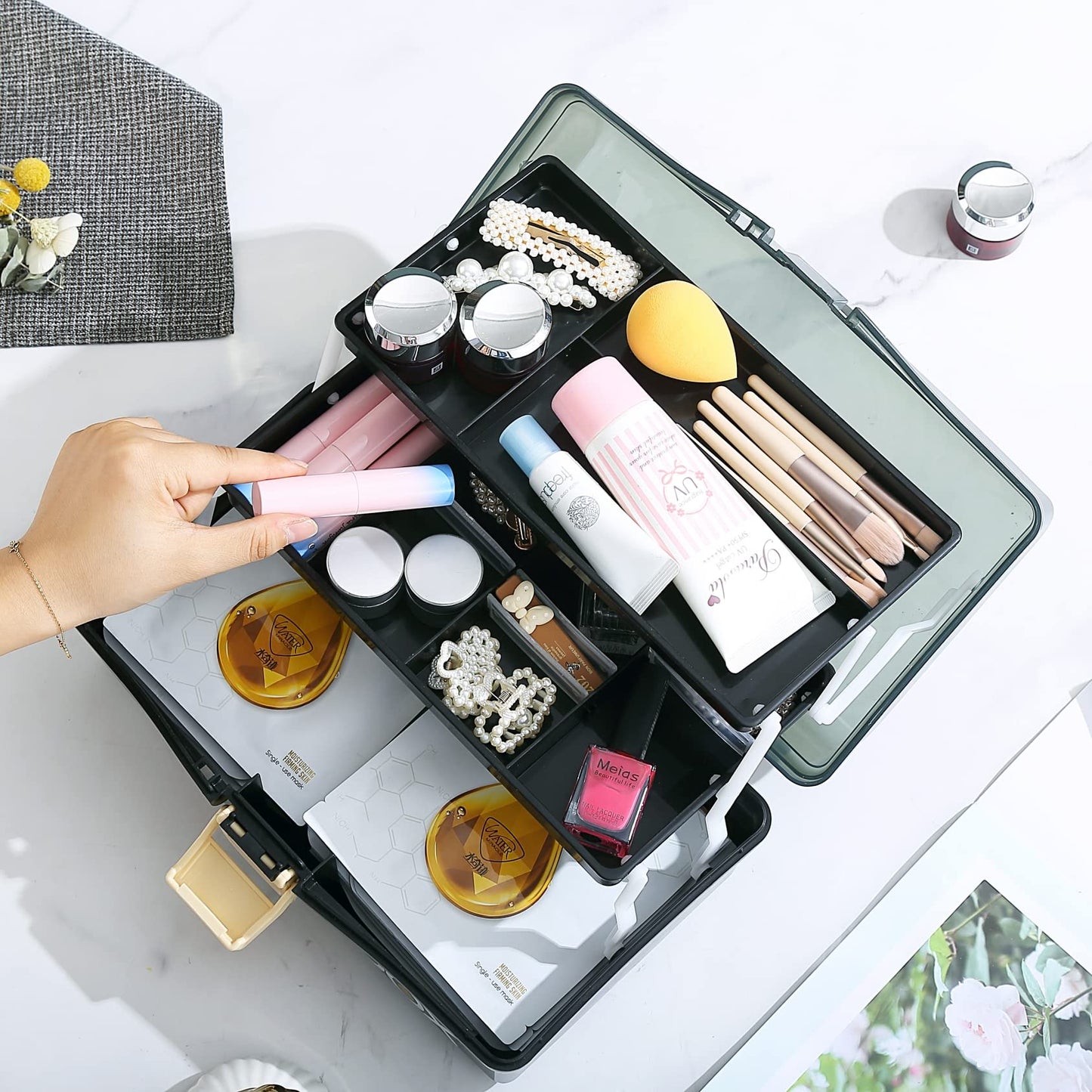 12'' Three-Layer Clear Plastic Storage Box/Tool Box, Multipurpose Organizer and Portable Handled Storage Case for Art Craft and Cosmetic (White)