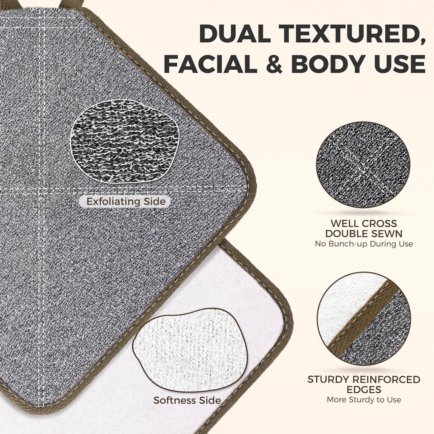 ZOMCHI Exfoliating Washcloth for Face and Body, Dual Function Wash Cloth with Soft and Rough Sides, Exfoliating Scrub Bath Towels, Washcloth with Loop (White, 3 Pack)