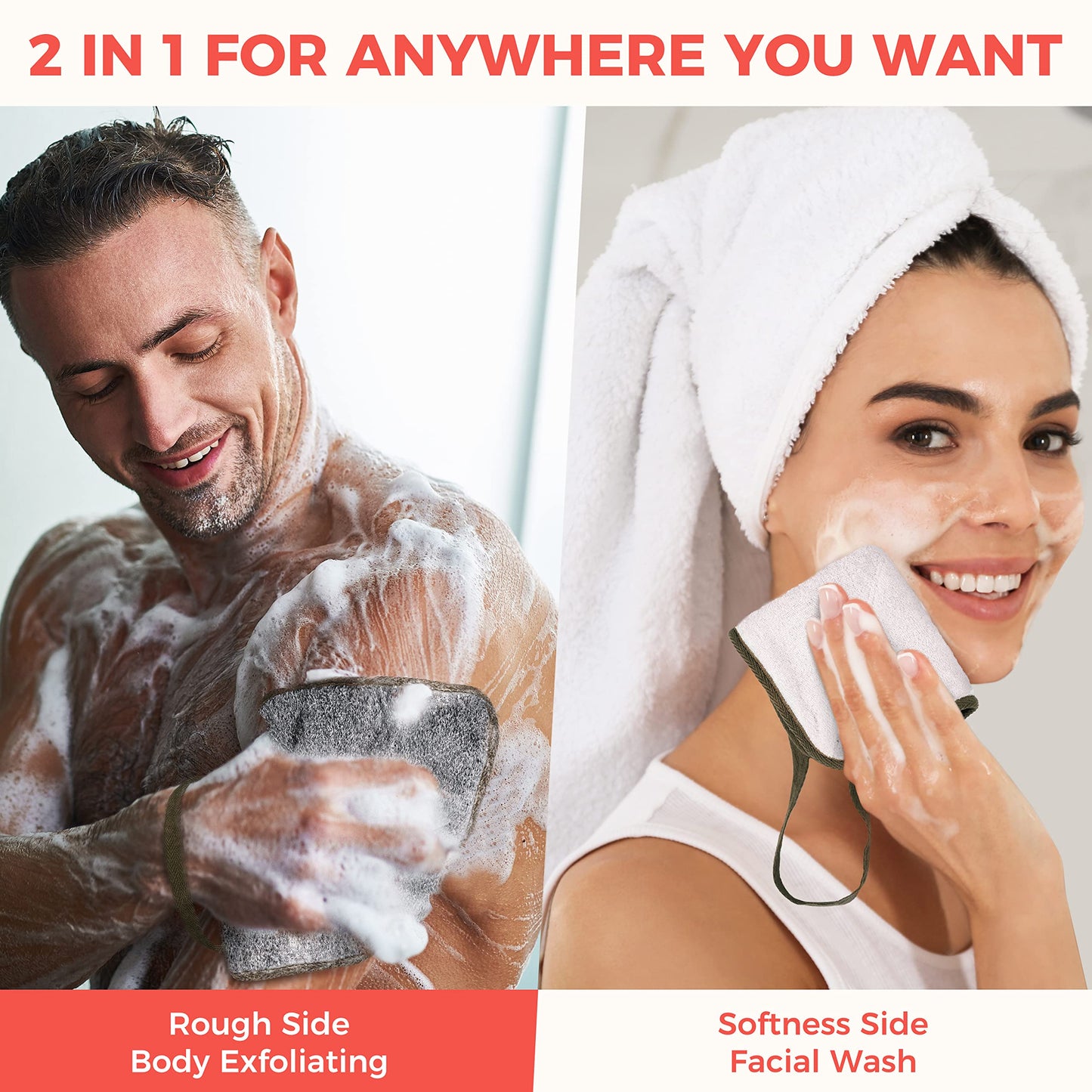 ZOMCHI Exfoliating Washcloth for Face and Body, Dual Function Wash Cloth with Soft and Rough Sides, Exfoliating Scrub Bath Towels, Washcloth with Loop (White, 3 Pack)