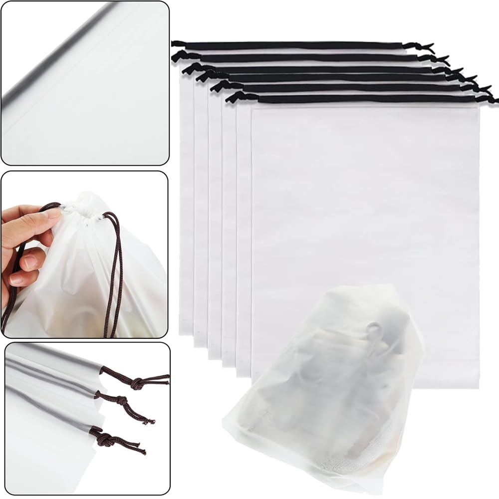 12pcs Non-woven Shoe Bags for Travel 12.6" X 17.3" Portable Shoe Bags with Clear Window, Large Drawstring Dustproof Travel Shoe Storage Bag for Men & Women, Black,XL Size
