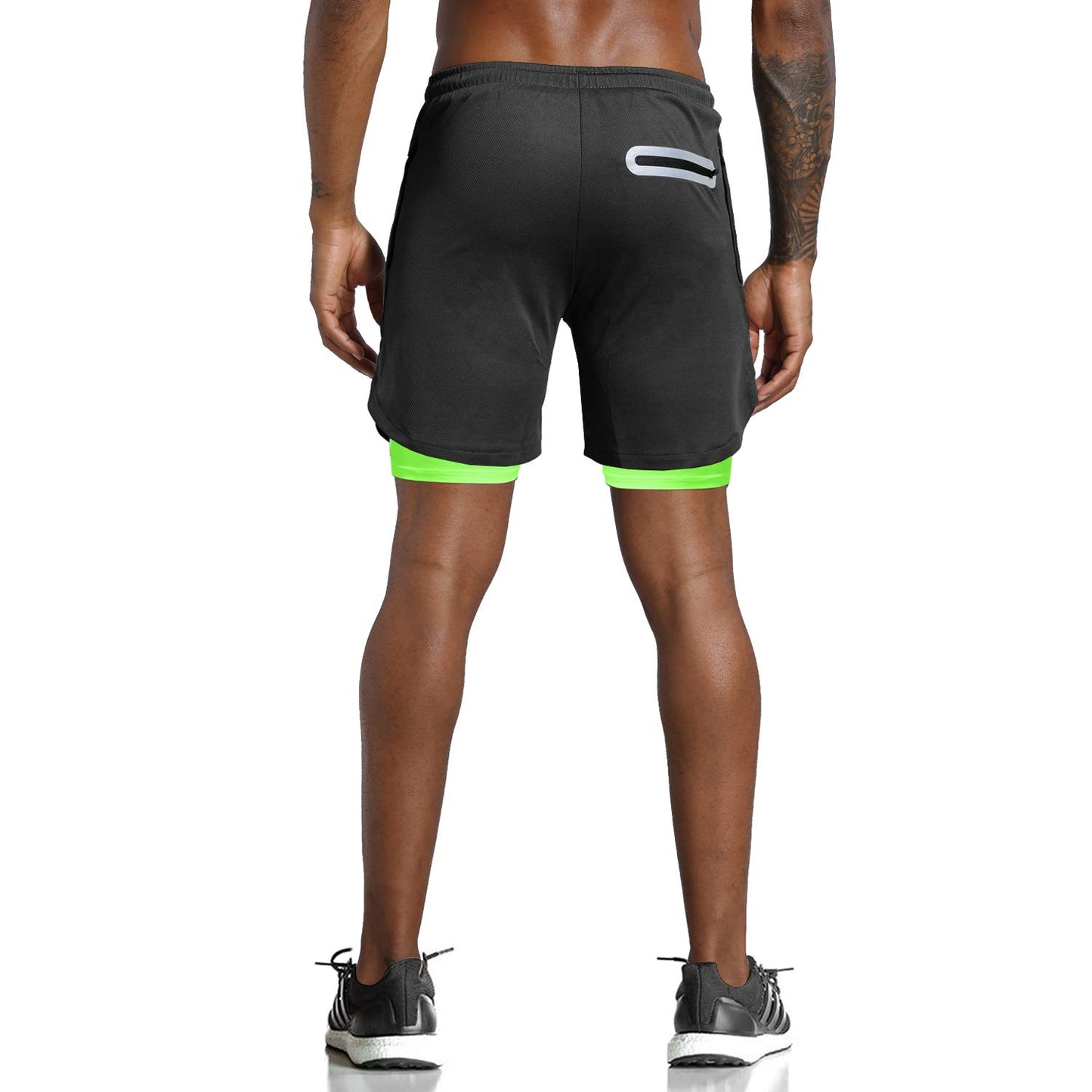 Leidowei Men's 2 in 1 Workout Running Shorts Lightweight Training Yoga Gym 7" Short with Zipper Pockets Black Fluorescent L