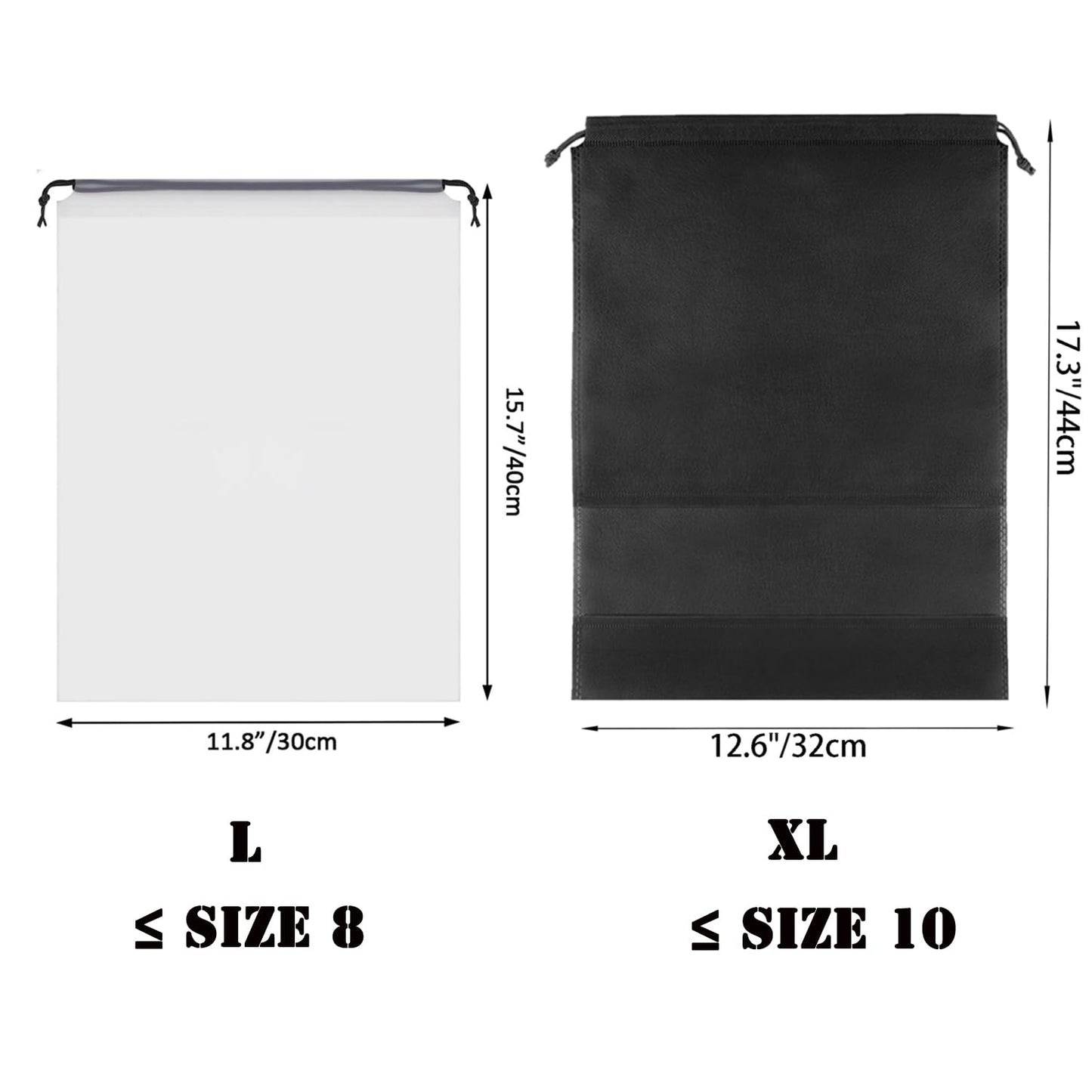 12pcs Non-woven Shoe Bags for Travel 12.6" X 17.3" Portable Shoe Bags with Clear Window, Large Drawstring Dustproof Travel Shoe Storage Bag for Men & Women, Black,XL Size