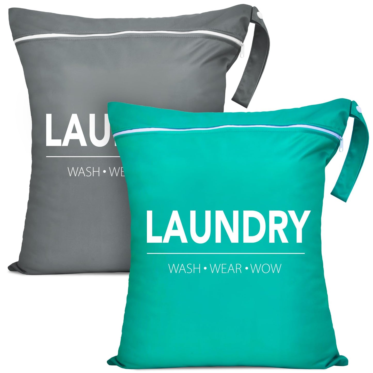 2 Pcs Large Travel Laundry Bags - Waterproof Wet/Dry, Washable, Drawstring, Bathing Suit, Workout, Gym Clothes, Swimming, Yoga - Green, Grey