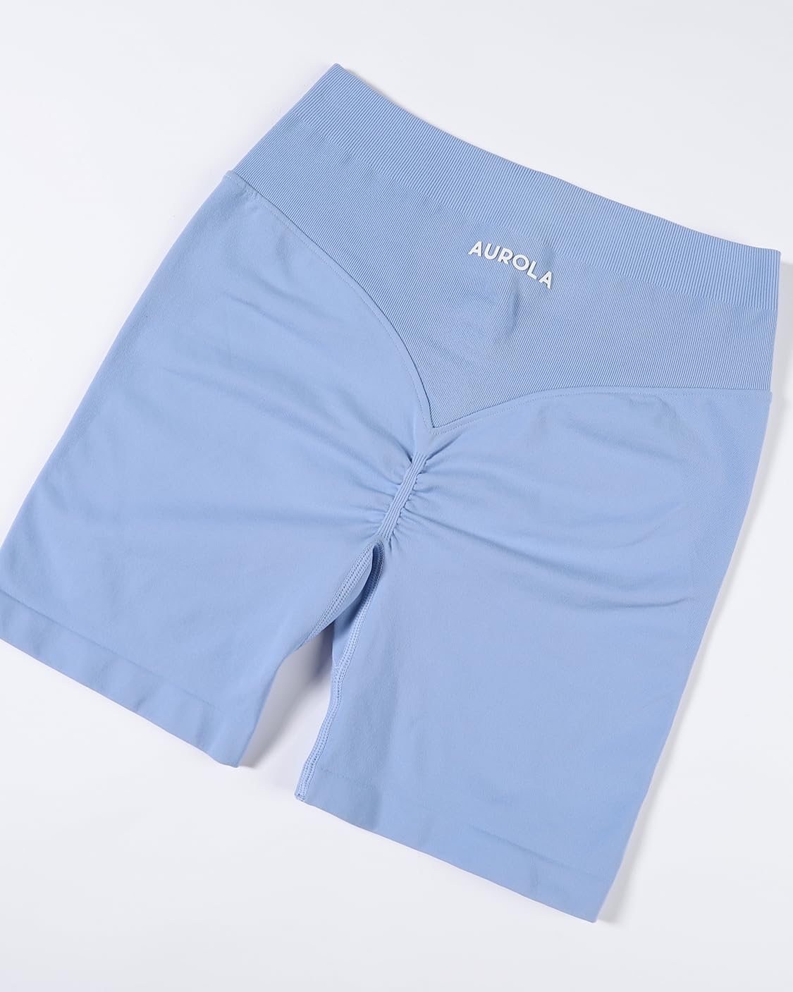 AUROLA Impressive Collection Workout Shorts for Women,High Waisted V-Shape Seam Gym Embossed Logo Athletic Fitness Short(Airy Blue,XS)