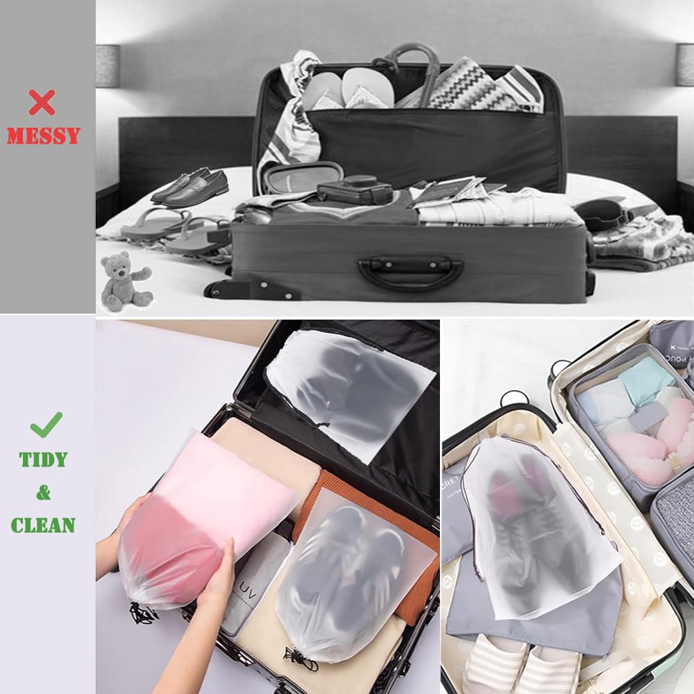 12pcs Non-woven Shoe Bags for Travel 12.6" X 17.3" Portable Shoe Bags with Clear Window, Large Drawstring Dustproof Travel Shoe Storage Bag for Men & Women, Black,XL Size