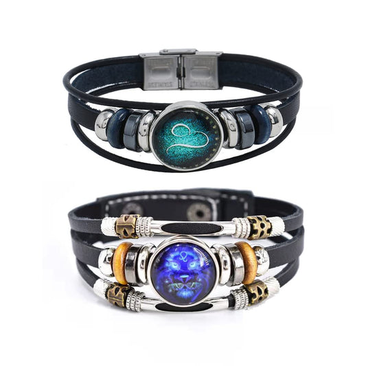 Zodiac Constellation Leo Bracelet Handmade Woven Multilayer Zodiac Sign Leather Wrap Bracelet Wristband for Women Men Jewelry Gift 2Pcs Set