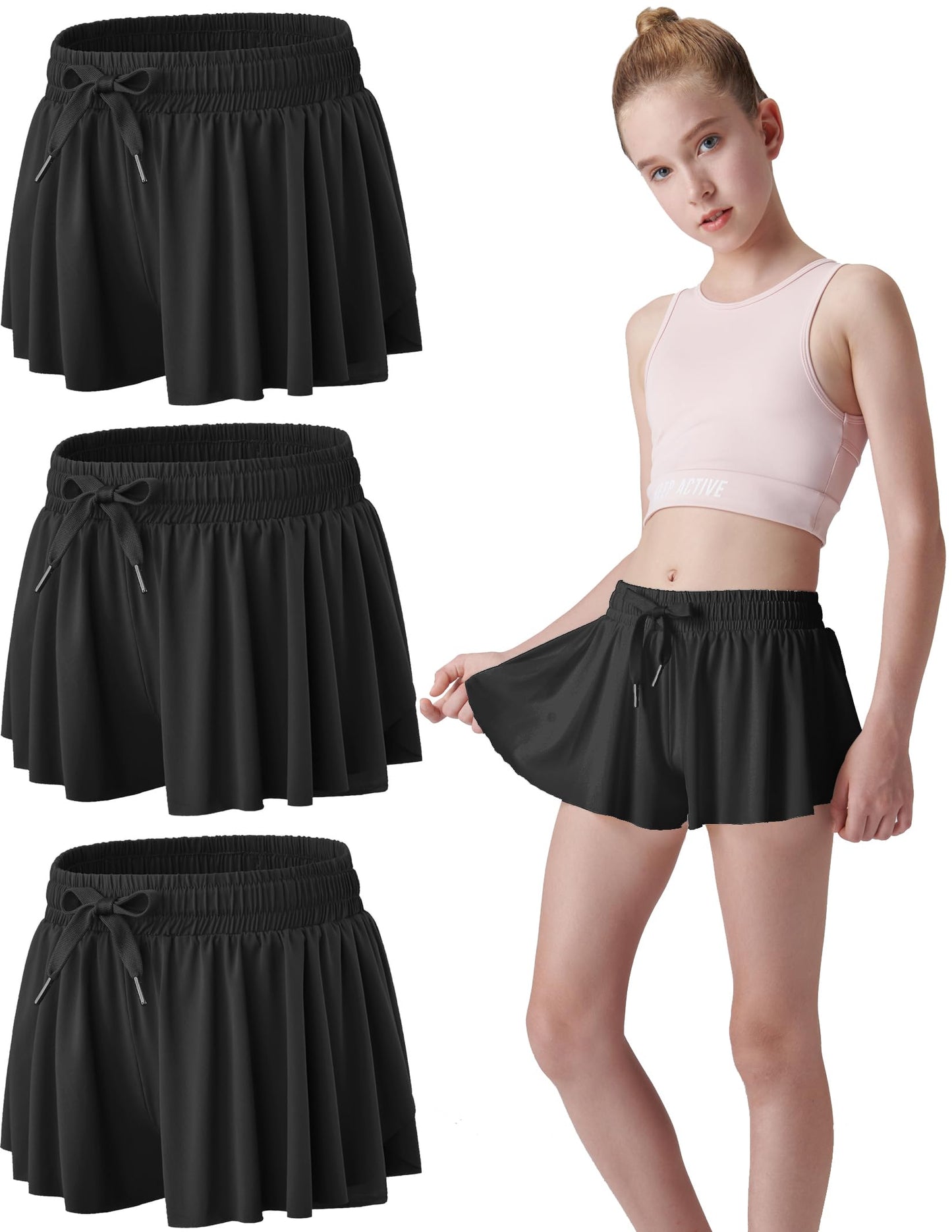 3 Pack Girls Flowy Shorts with Spandex Liner 2-in-1 Youth Butterfly Skirts for Fitness, Running, Sports