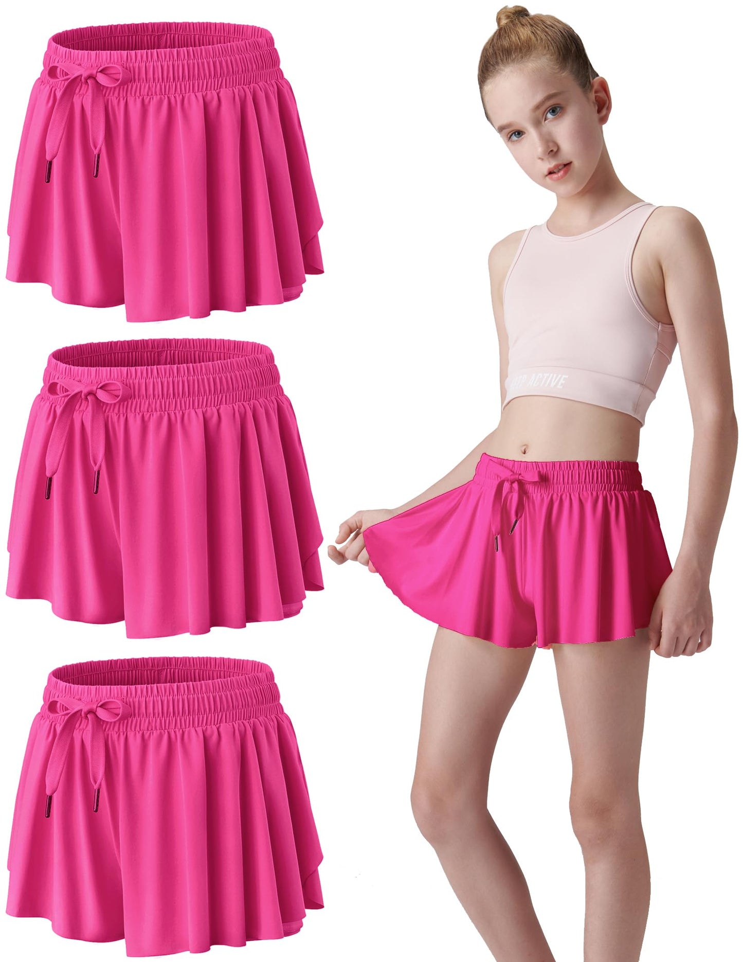 3 Pack Girls Flowy Shorts with Spandex Liner 2-in-1 Youth Butterfly Skirts for Fitness, Running, Sports