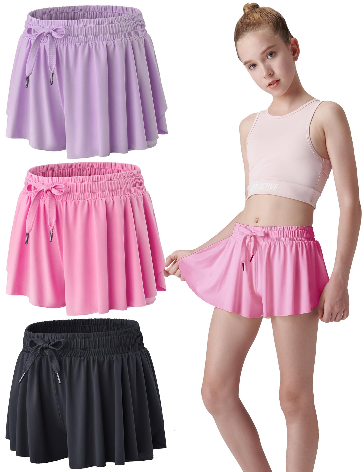 3 Pack Girls Flowy Shorts with Spandex Liner 2-in-1 Youth Butterfly Skirts for Fitness, Running, Sports