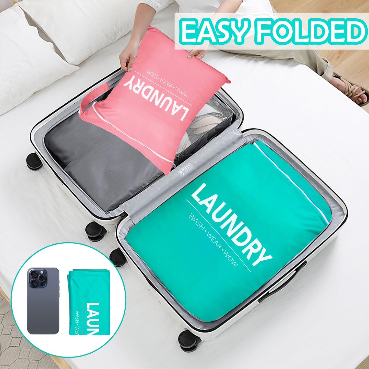 2 Pcs Large Travel Laundry Bags - Waterproof Wet/Dry, Washable, Drawstring, Bathing Suit, Workout, Gym Clothes, Swimming, Yoga - Green, Grey