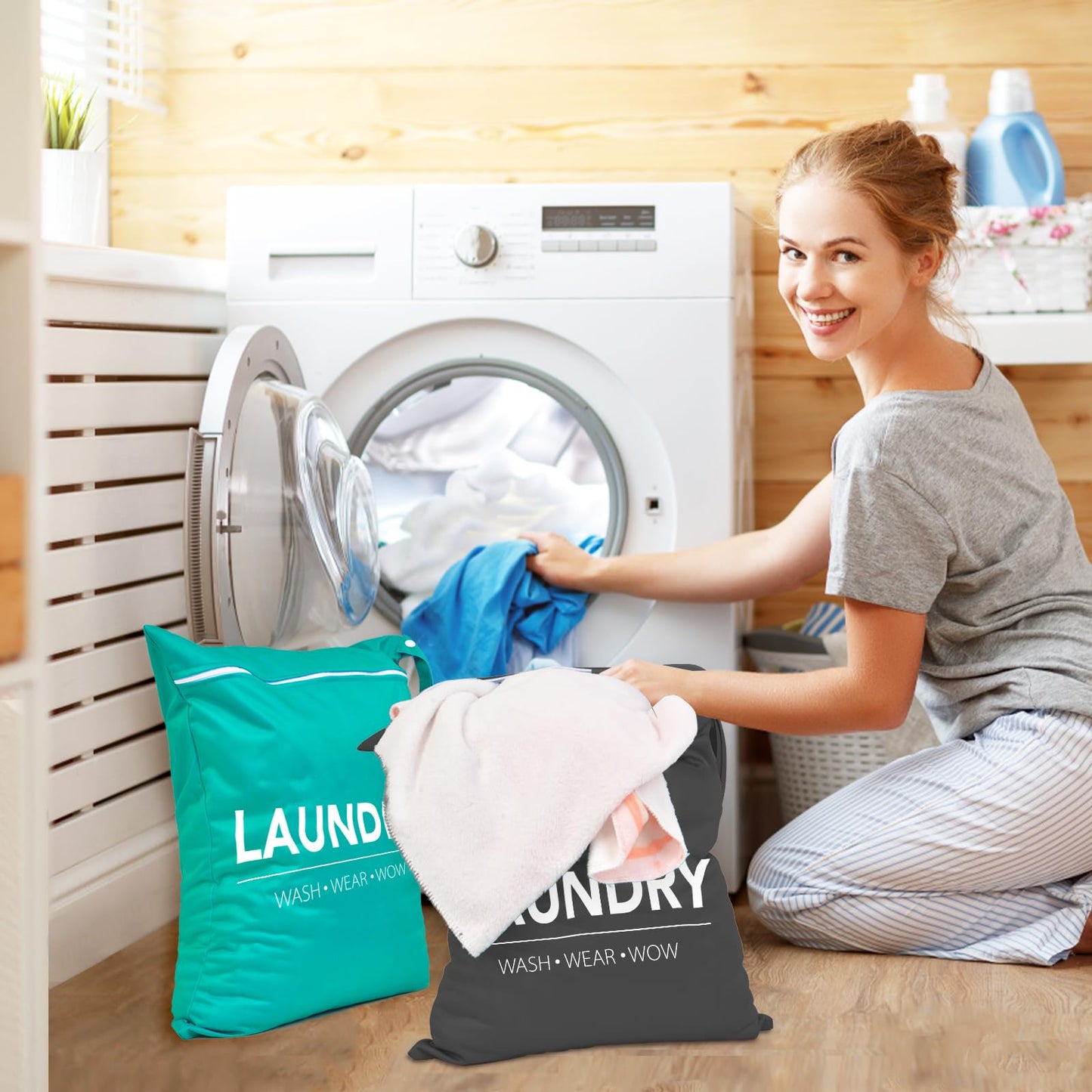 2 Pcs Large Travel Laundry Bags - Waterproof Wet/Dry, Washable, Drawstring, Bathing Suit, Workout, Gym Clothes, Swimming, Yoga - Green, Grey