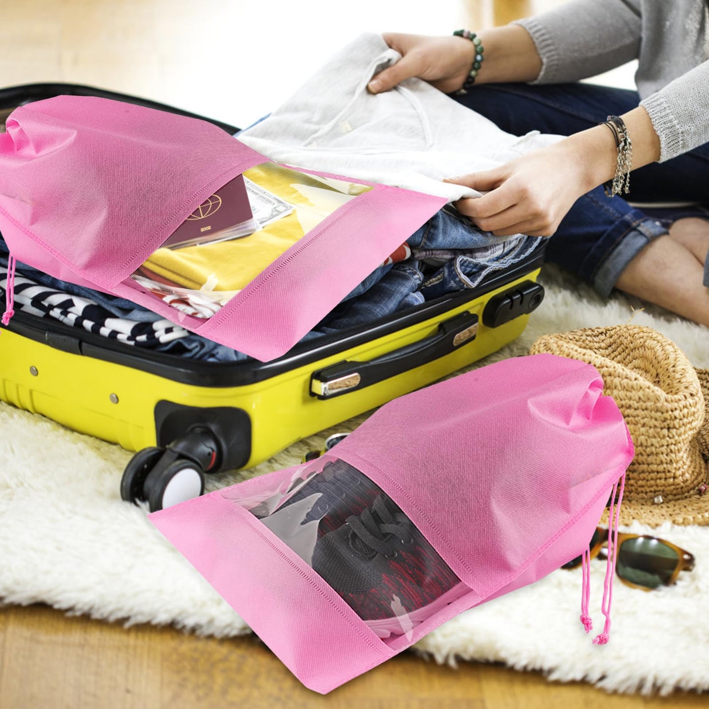 12 Pack Shoe Bags for Travel, Large Travel Shoe Bags for Packing with Clear Window, Dustproof Drawstring Travel Shoe Storage Bags Travel Essentials for Men & Women, White