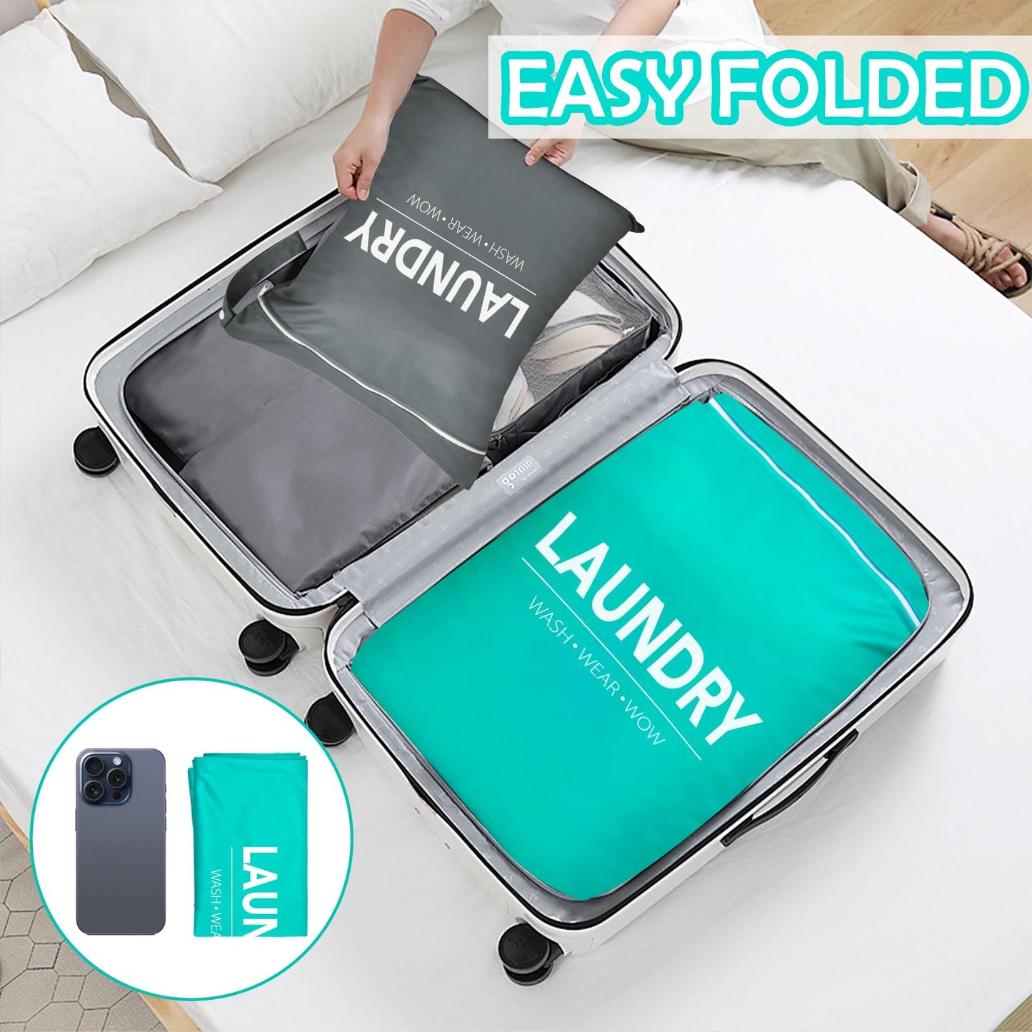 2 Pcs Large Travel Laundry Bags - Waterproof Wet/Dry, Washable, Drawstring, Bathing Suit, Workout, Gym Clothes, Swimming, Yoga - Green, Grey