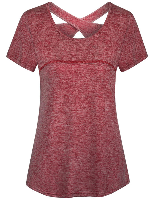 Kimmery Polyester Shirts for Women,Lightweight Healthy Top Summer Short Sleeve Crew Neck Workouts Park Picnic Holiday Lounging Purple Red Medium