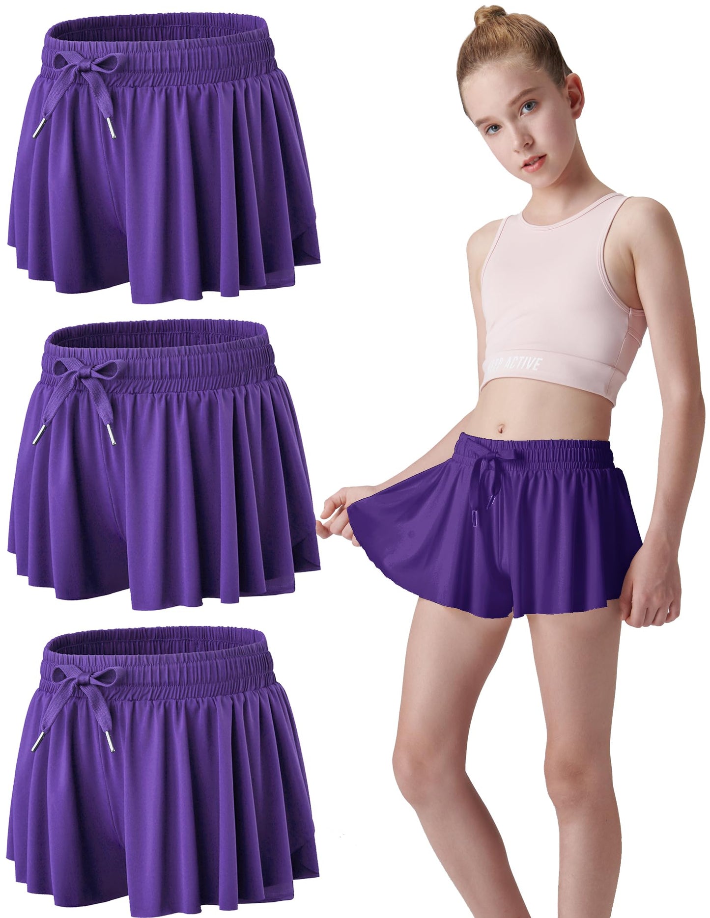 3 Pack Girls Flowy Shorts with Spandex Liner 2-in-1 Youth Butterfly Skirts for Fitness, Running, Sports