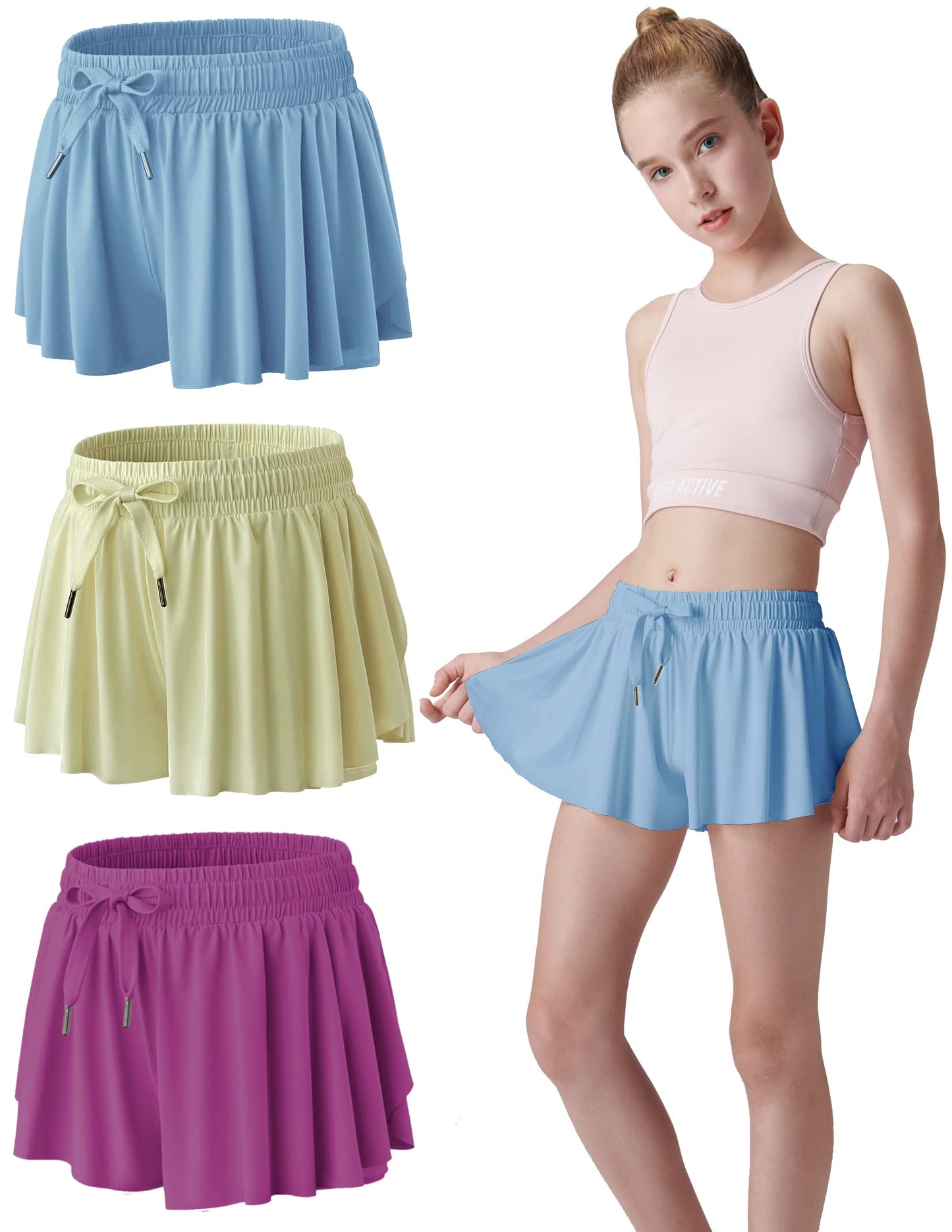 3 Pack Girls Flowy Shorts with Spandex Liner 2-in-1 Youth Butterfly Skirts for Fitness, Running, Sports