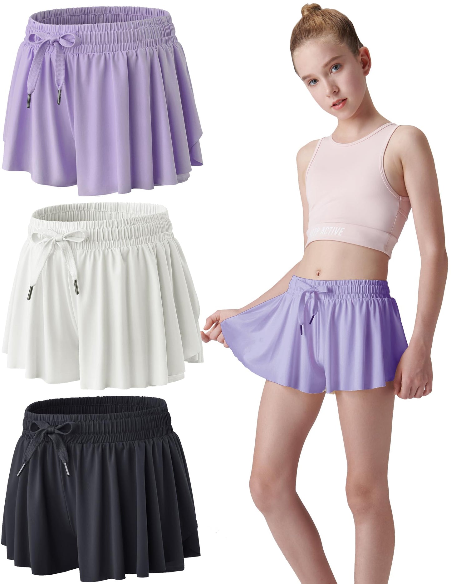 3 Pack Girls Flowy Shorts with Spandex Liner 2-in-1 Youth Butterfly Skirts for Fitness, Running, Sports