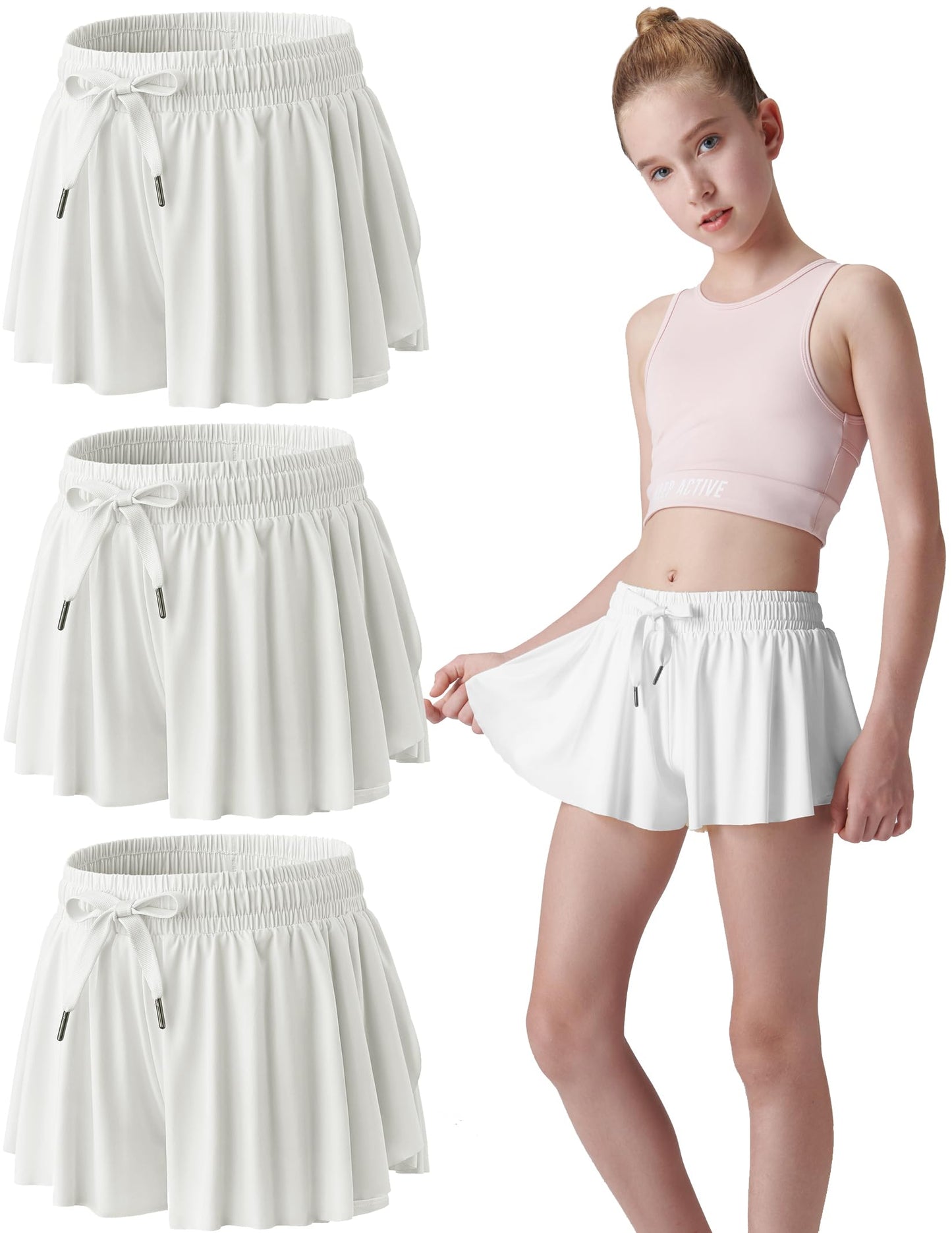 3 Pack Girls Flowy Shorts with Spandex Liner 2-in-1 Youth Butterfly Skirts for Fitness, Running, Sports