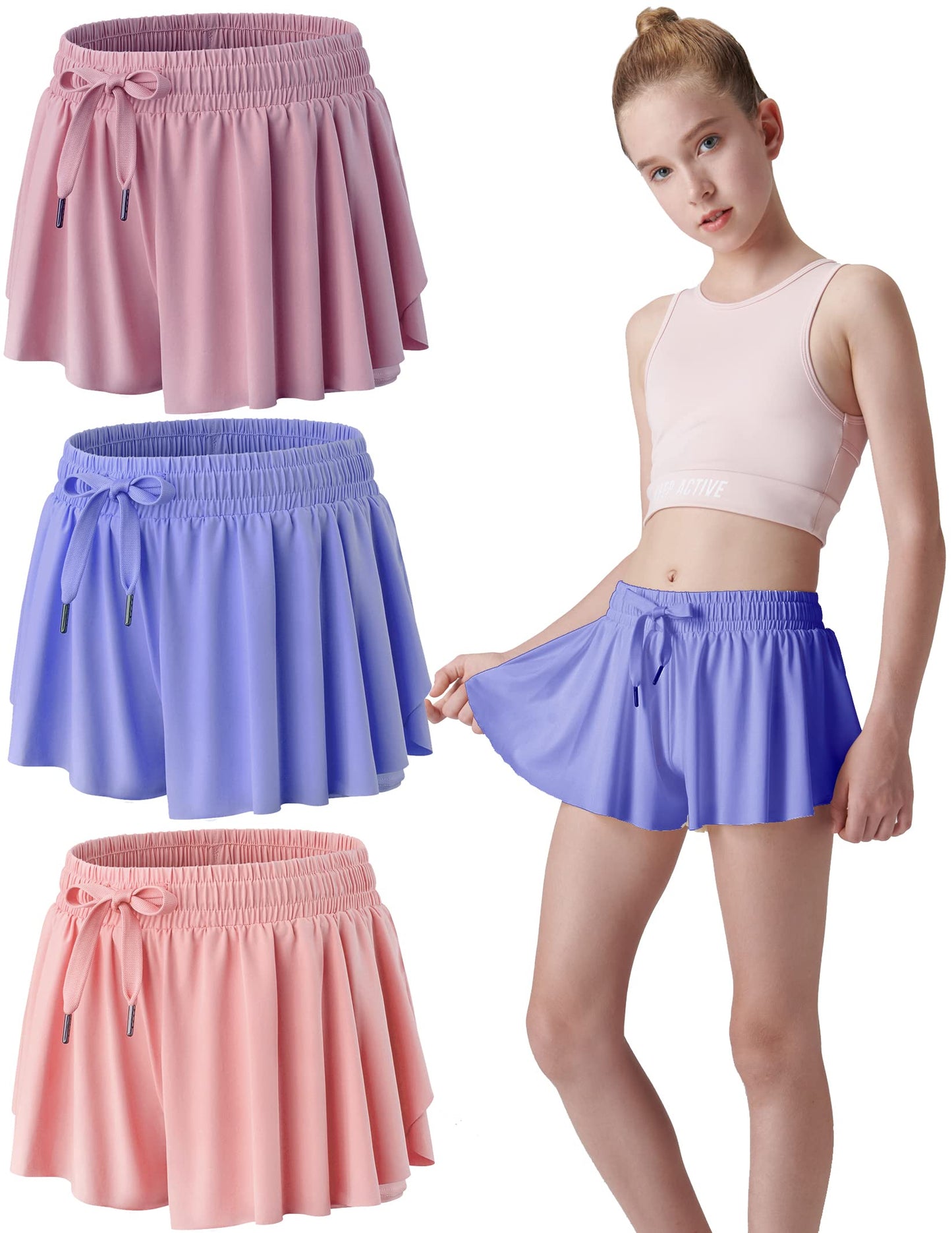3 Pack Girls Flowy Shorts with Spandex Liner 2-in-1 Youth Butterfly Skirts for Fitness, Running, Sports