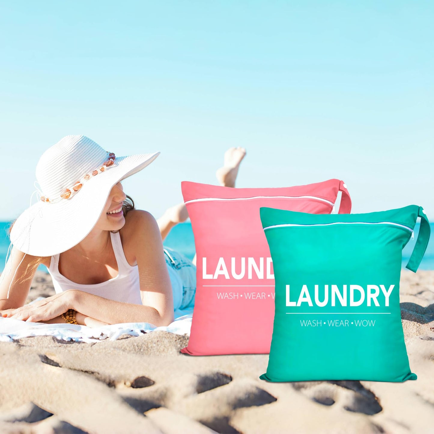 2 Pcs Large Travel Laundry Bags - Waterproof Wet/Dry, Washable, Drawstring, Bathing Suit, Workout, Gym Clothes, Swimming, Yoga - Green, Grey