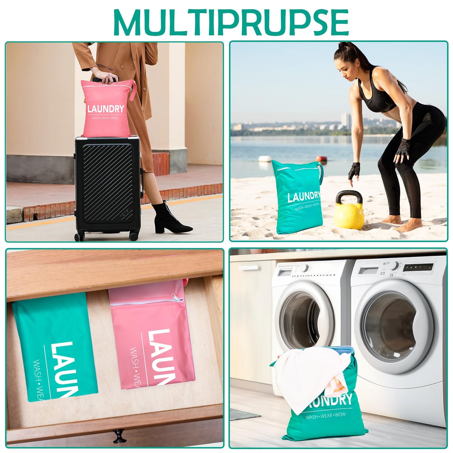 2 Pcs Large Travel Laundry Bags - Waterproof Wet/Dry, Washable, Drawstring, Bathing Suit, Workout, Gym Clothes, Swimming, Yoga - Green, Grey