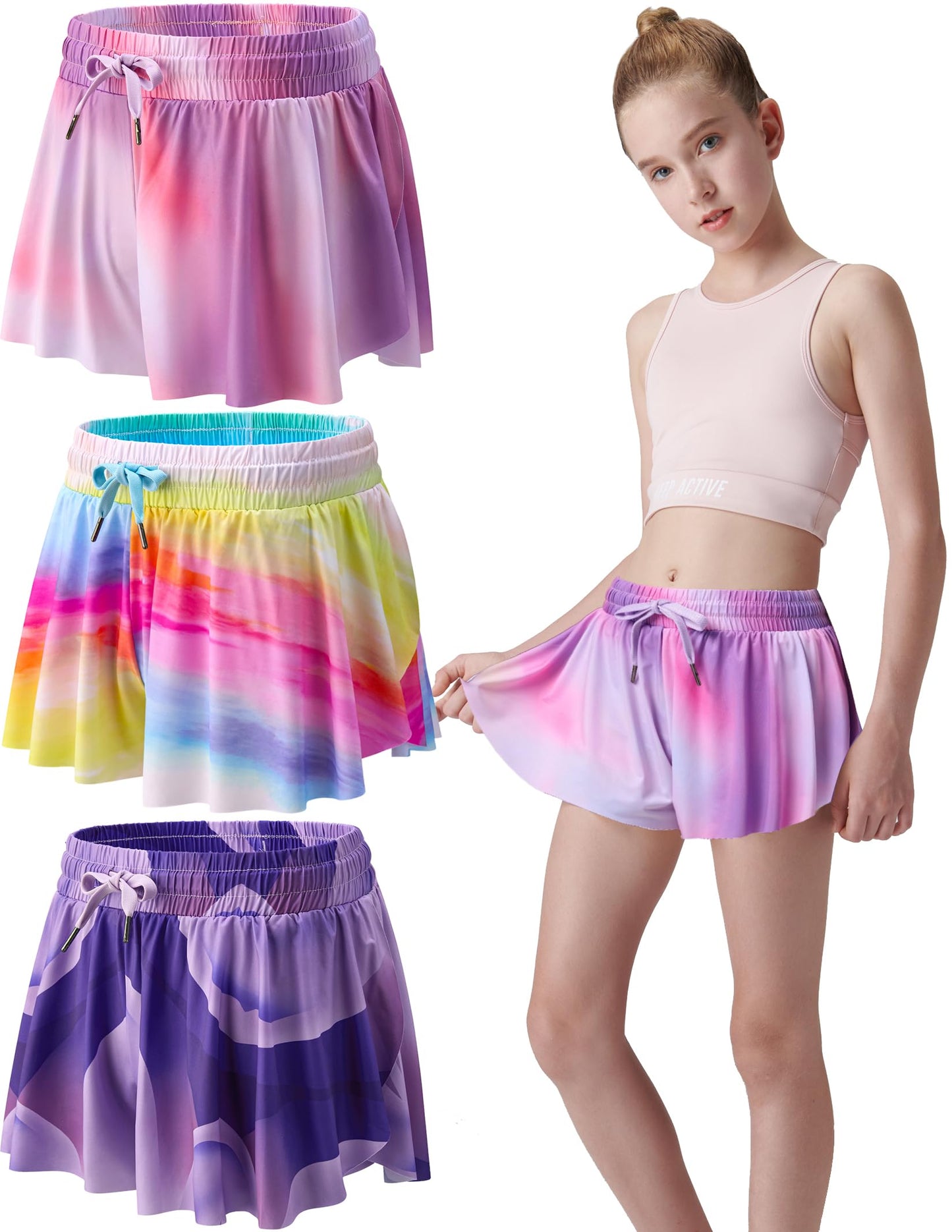 3 Pack Girls Flowy Shorts with Spandex Liner 2-in-1 Youth Butterfly Skirts for Fitness, Running, Sports