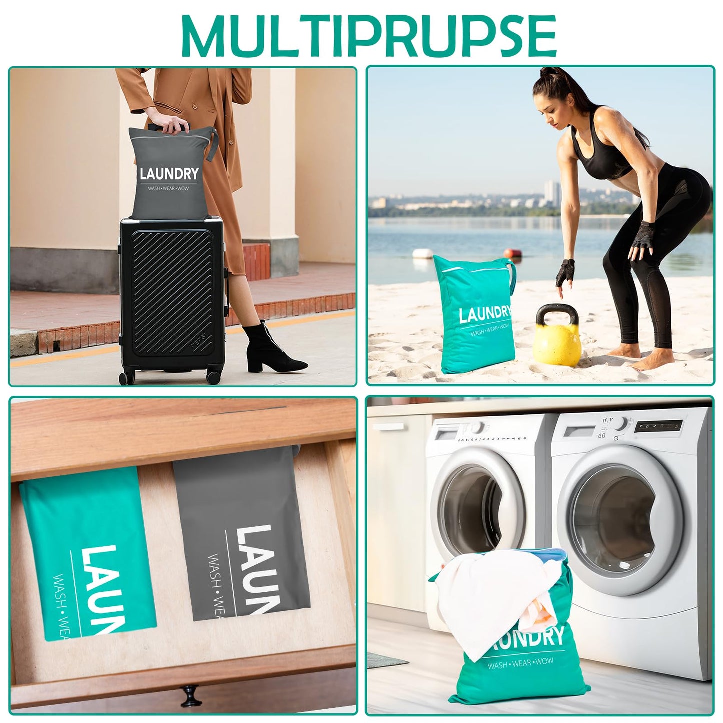 2 Pcs Large Travel Laundry Bags - Waterproof Wet/Dry, Washable, Drawstring, Bathing Suit, Workout, Gym Clothes, Swimming, Yoga - Green, Grey