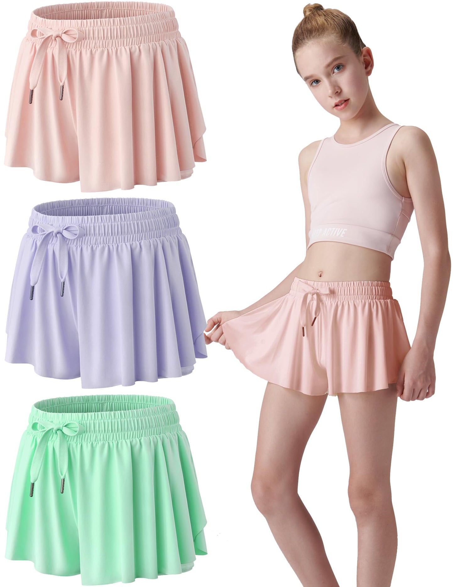 3 Pack Girls Flowy Shorts with Spandex Liner 2-in-1 Youth Butterfly Skirts for Fitness, Running, Sports