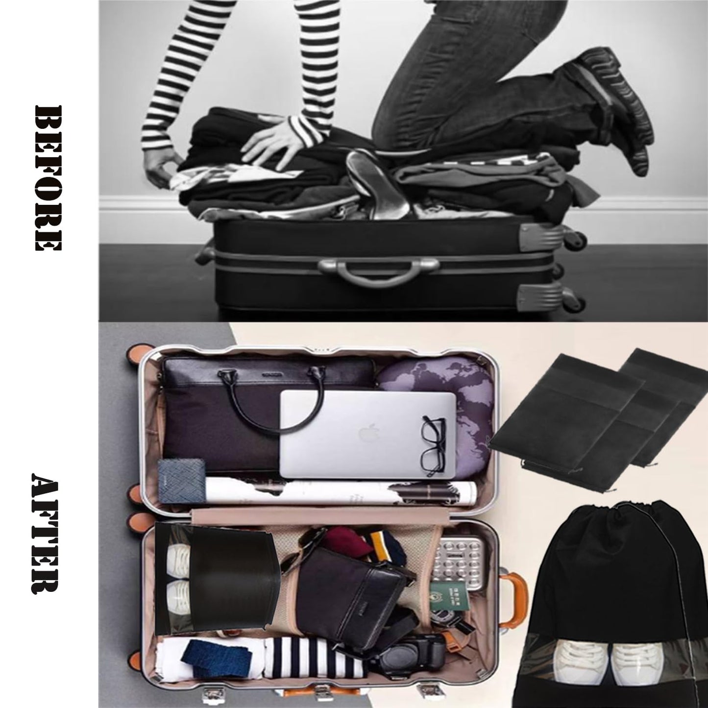 12pcs Non-woven Shoe Bags for Travel 12.6" X 17.3" Portable Shoe Bags with Clear Window, Large Drawstring Dustproof Travel Shoe Storage Bag for Men & Women, Black,XL Size