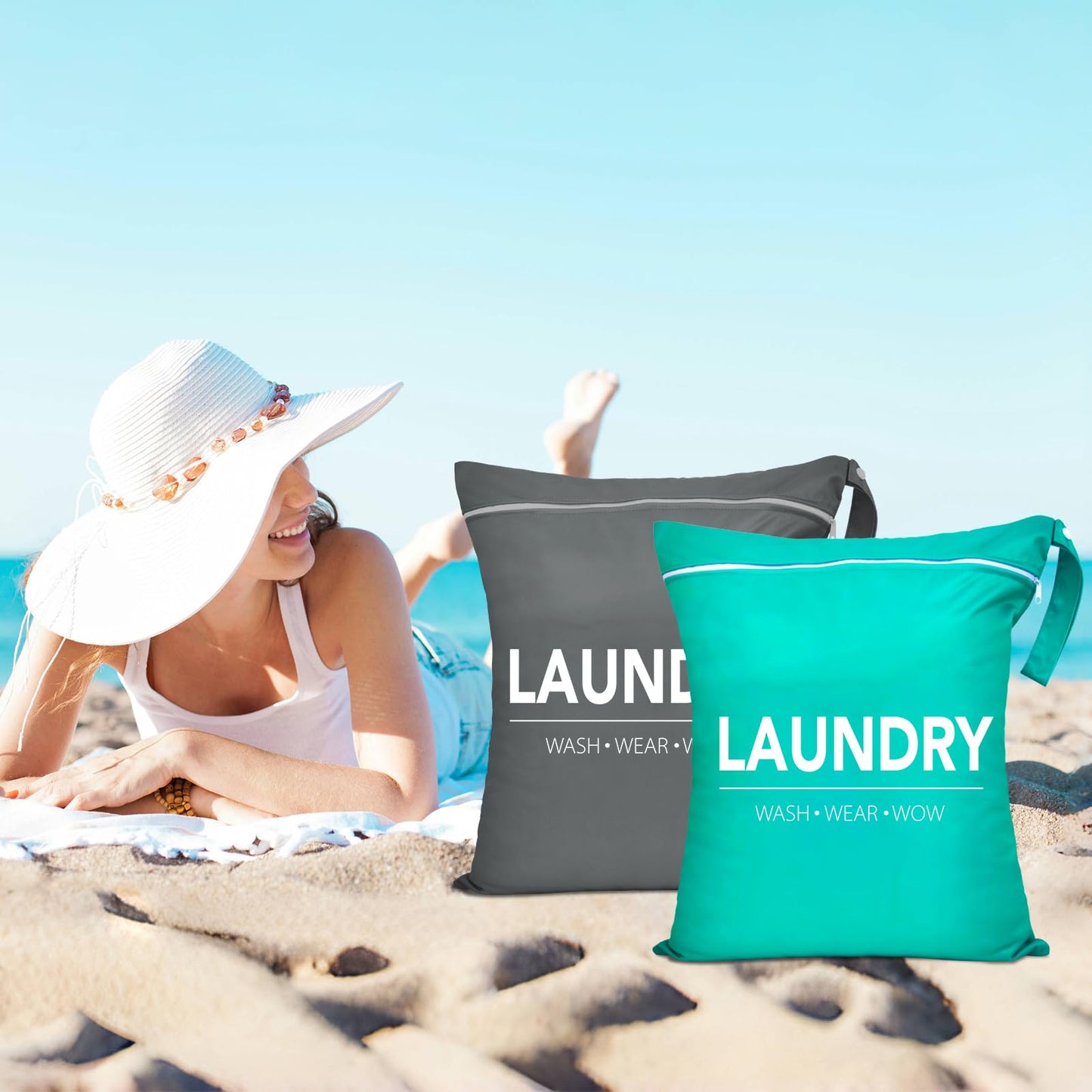2 Pcs Large Travel Laundry Bags - Waterproof Wet/Dry, Washable, Drawstring, Bathing Suit, Workout, Gym Clothes, Swimming, Yoga - Green, Grey