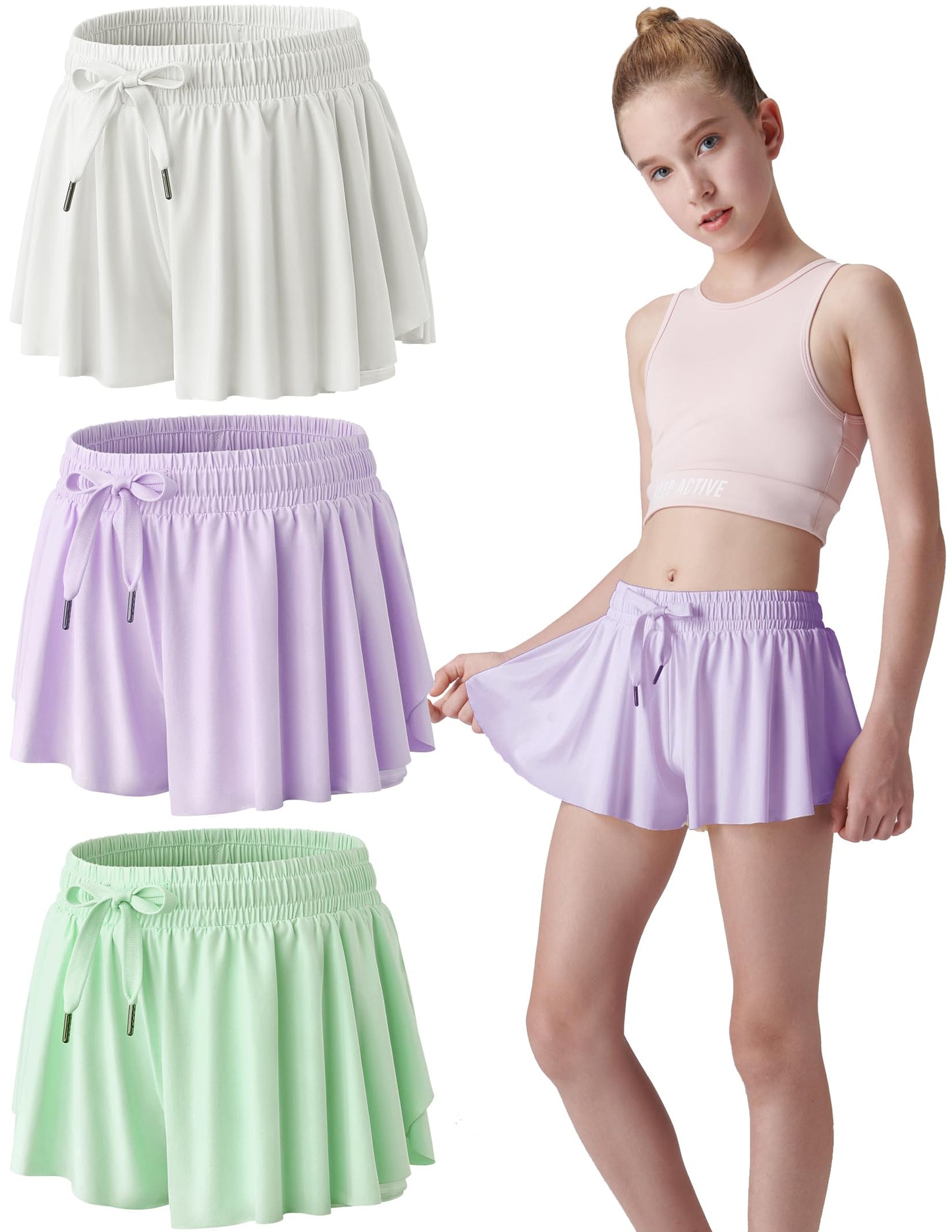 3 Pack Girls Flowy Shorts with Spandex Liner 2-in-1 Youth Butterfly Skirts for Fitness, Running, Sports